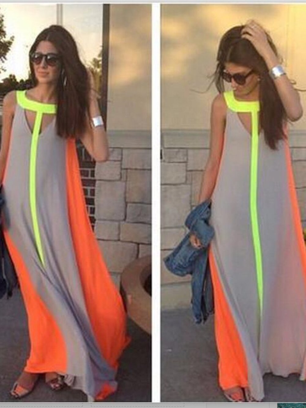 NWT BCBG Wilah Colorblock Neon Maxi Dress Long Orange Gray Relaxed Grecian XS - Picture 13 of 16